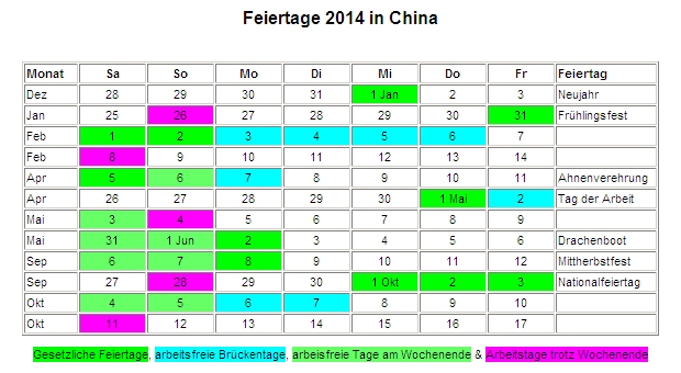 Kalender 2014 f�r China Feiertage