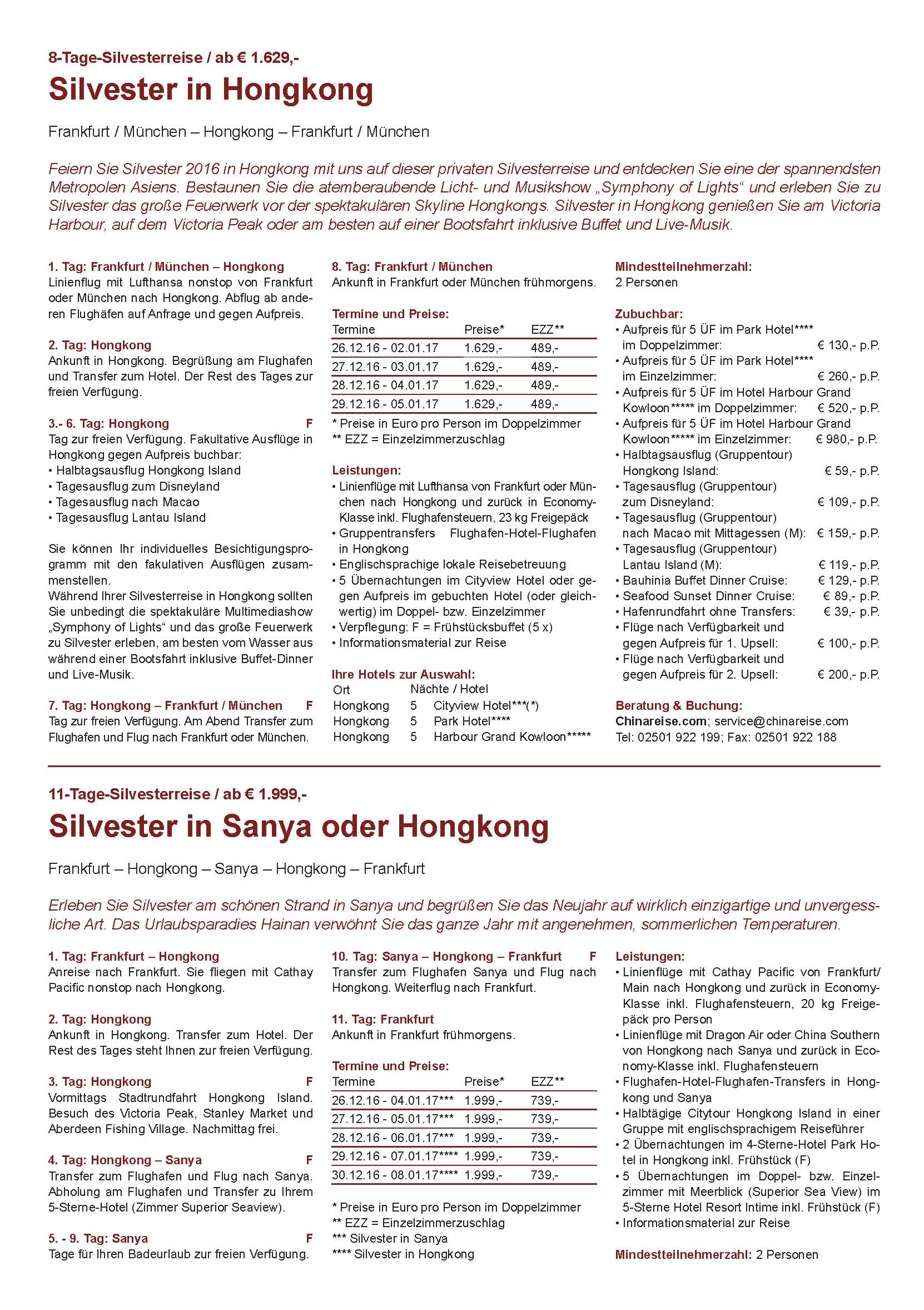 Silvester 2016 in Hongkong und Sanya