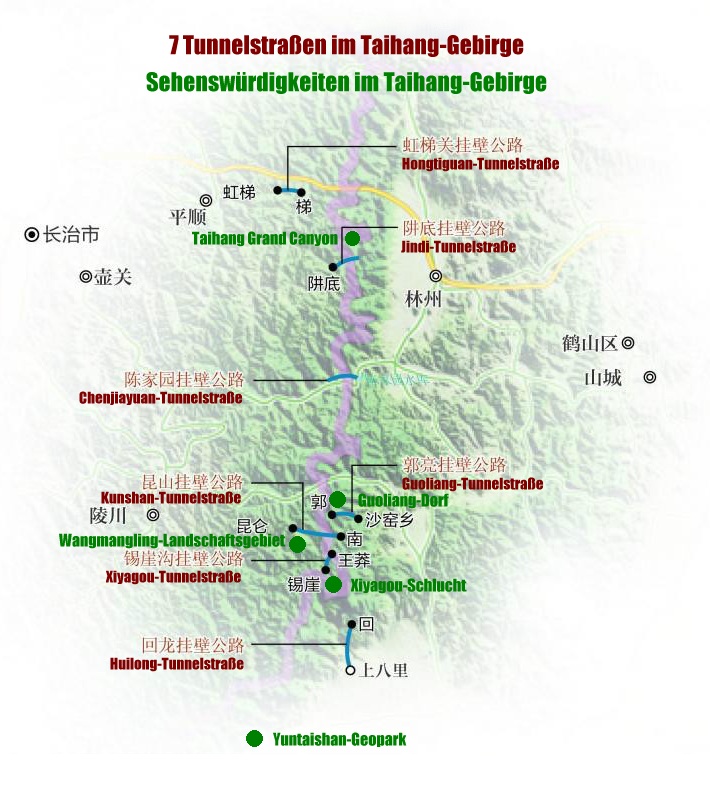 Reisekarte f�r Tunnelstrassen und Sehenw�rdigkeiten im Taihang-Gebirge